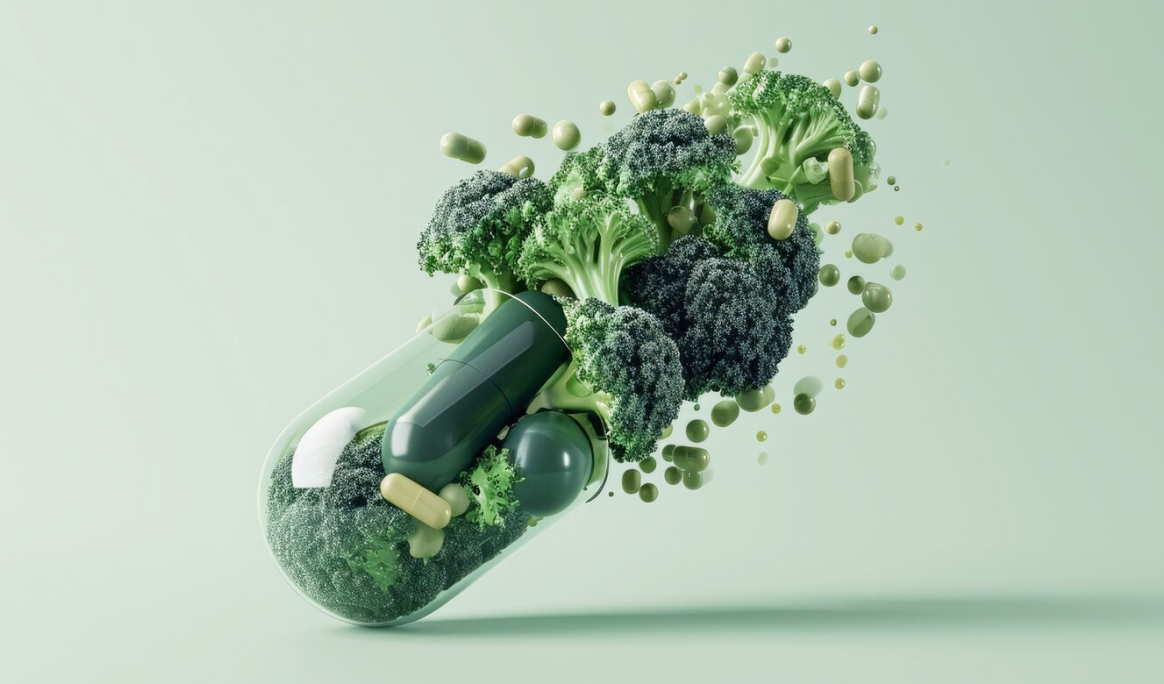 Зелёная капсула с овощами, означающая питание при приеме варфарина и контроль витамина К